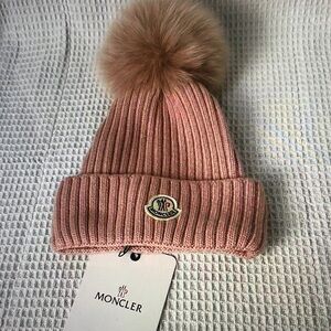 Moncler Blush Knit Beanie with Pom-Pom